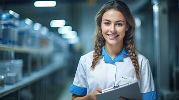 a Positive smiling female technologist holding checklist inside the food processing factory. Industrial food. Generative Ai photo