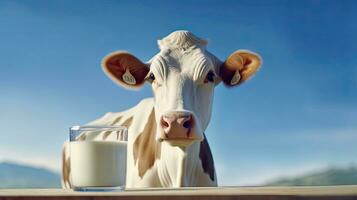 Cow and milk on blue sky. Generative Ai photo