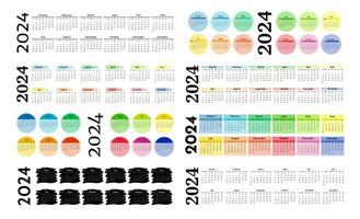 Set of eight horizontal calendars for 2024 isolated on a white background. Sunday to Monday, business template. Vector illustration