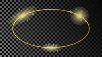 Gold glowing oval shape frame isolated on dark background. Shiny frame with glowing effects. Vector illustration.