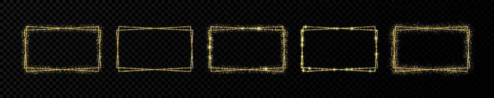 Set of five gold double rectangle frames. Modern shiny frame with light effects isolated on dark background. Vector illustration.