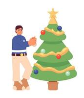 Eyeglasses asian man decorating Christmas tree 2D cartoon character. Japanese guy hanging bauble on spruce isolated vector person white background. Xmas preparation color flat spot illustration