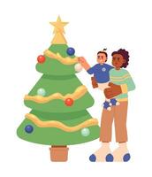 Mother little girl decorating Christmas tree 2D cartoon characters. African american mom holding daughter isolated vector people white background. Celebrate xmas child color flat spot illustration