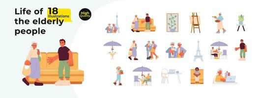 Active retiree pensioners cartoon flat illustration bundle. Grandparent old people 2D characters, objects isolated on white background. Activities leisure time vector color image collection