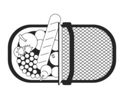 Top view picnic basket fruits baguette black and white 2D line cartoon object. Full snacks wicker container isolated vector outline item. Romantic dining storage monochromatic flat spot illustration