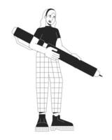 Caucasian young woman writer fountain pen black and white 2D line cartoon character. European girl holding pencil isolated vector outline person. Editor female monochromatic flat spot illustration