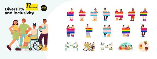 LGBTQ inclusive diverse young adults cartoon flat illustration bundle. Diversity colleagues, LGBT pride 2D characters isolated on white background. People with disabilities vector color image pack