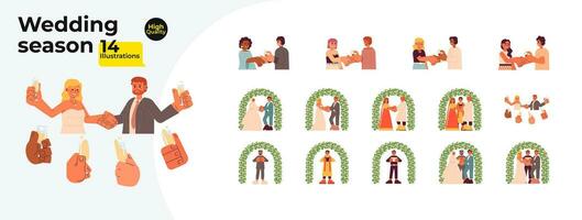 Wedding season cartoon flat illustration bundle. Engagement, marriage proposal diverse 2D characters isolated on white background. Multinational bride and groom vector color image collection