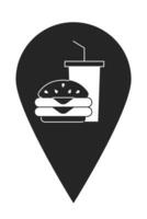 Fast food restaurant map pinpoint black and white 2D line cartoon object. Fastfood building location mark isolated vector outline item. Hamburger stand pin mapping monochromatic flat spot illustration