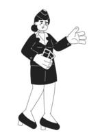 Stewardess flight attendant black and white cartoon flat illustration. Air hostess indian woman linear 2D character isolated. Cabin attendant with boarding passes monochromatic scene vector image