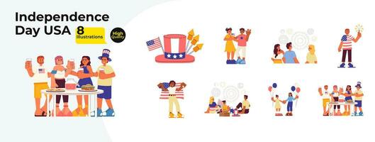 Independence day celebration cartoon flat illustration bundle. Festive fireworks kids with parents, friends 2D characters isolated on white background. Snacks party vector color image collection