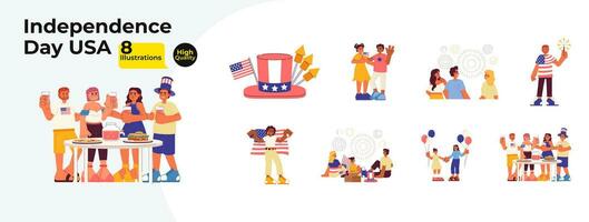 Independence day celebration cartoon flat illustration bundle. Festive fireworks kids with parents, friends 2D characters isolated on white background. Snacks party vector color image collection