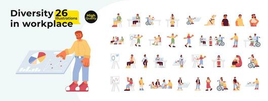 Diverse employees coworkers multicultural cartoon flat illustration bundle. Diversity colleagues inclusive people 2D characters isolated on white background. Professional vector color image collection