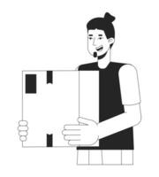 Excited caucasian guy holding cardboard box black and white 2D line cartoon character. European smiling man receiving package isolated vector outline person. Monochromatic flat spot illustration