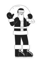 Gift bag Santa Claus waving hand black and white cartoon flat illustration. Merry Christmas bearded old man linear 2D character isolated. Saint nicholas Xmas monochromatic scene vector image