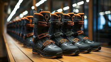 Group of black and orange ski boots in store. Winter sports concept. photo