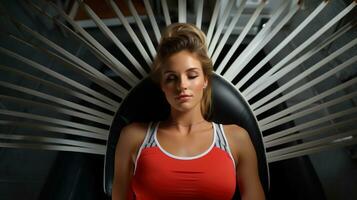 Portrait of a beautiful young woman in sportswear lyuing on massage gym chair. photo