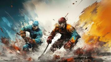 Ice hockey players in action, digital painting illustration. photo
