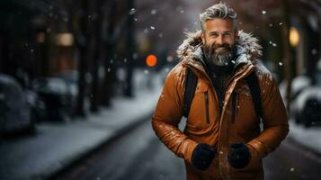 Winter, leisure and people concept - senior man walking in snowy street. photo