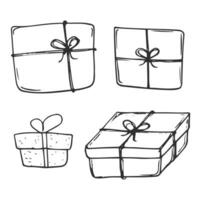 Gift boxes with ribbons set. Hand drawn doodle sketch. Isolated holiday items. Vector image.