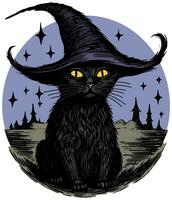 Black Cat with Witch Hat Colored vector