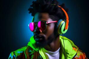 AI Generated Fashionable young african american man in neon outfit. photo