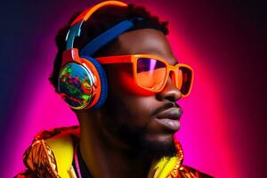 AI Generated Fashionable young african american man in neon outfit. photo