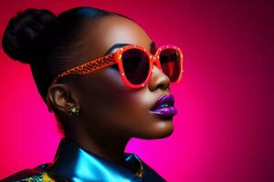 AI Generated Fashionable young african american woman in neon outfit. Female model wearing sunglasses. Studio portrait photo