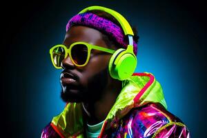 AI Generated Fashionable young african american man in neon outfit. photo