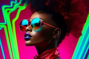 AI Generated Fashionable young african american woman in neon outfit. Female model wearing sunglasses. Studio portrait photo