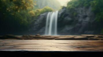 Empty wooden table with blurred nature background photo