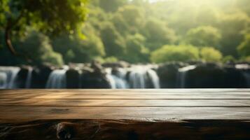 Empty wooden table with blurred nature background photo