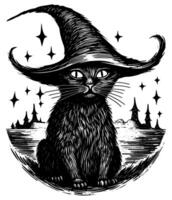 negro gato con bruja sombrero vector