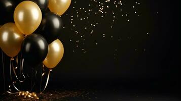 Celebration Background with Confetti and Gold Balloons on the Minimalist Background for Copy Space photo