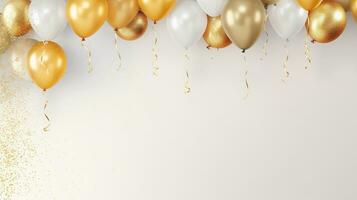 Celebration Background with Confetti and Gold Balloons on the Minimalist Background for Copy Space photo