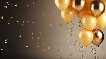 Celebration Background with Confetti and Gold Balloons on the Minimalist Background for Copy Space photo