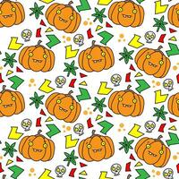 Colorful vector pattern of pumpkin skull leaves and graphic elements on white background