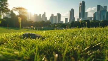 Bangkok beautiful view from Lumpini Park. Green grass field in park at city center with office building urban background Thailand. Generative Ai photo