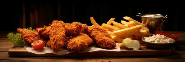 Crispy fried chicken tenders and french fries on wooden table. Generative Ai photo