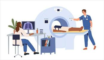 CT scan. Computed tomography scan. Doctor is carrying out CT scanning of lungs. Patient is laying on the ct device. Clinic. Medical equipment. MRI. vector