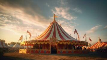 Circus tent, carnival tent at the amusement park. Generative Ai photo