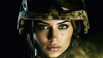 A strong looking woman wearing military uniform including camouflage fatigues and a helmet. She is ready for war to protect and serve her country. Generative Ai photo