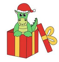 Cartoon Christmas and New Year Dragon character. Cute Dragon in gift box. Vector flat illustration.