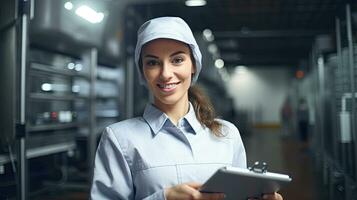 a Positive smiling female technologist holding checklist inside the food processing factory. Industrial food. Generative Ai photo