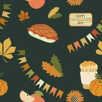 Thanksgiving Seamless pattern. Vector Autumn background with yellow Leaves, Pie, Coffee cup and Garland. Design element, Color template for Textile, Harvest Festival decoration, Fabric, Wallpaper