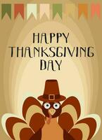 Happy Thanksgiving day Vector illustration with Turkey in hat and Garland of flags. Color template for Greeting Postcard or Invitation, November Holiday Poster, Traditional Culture Festival Decoration