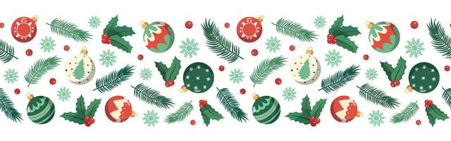 Navidad adornos y abeto ramas horizontal sin costura borde. vector ilustración para Navidad y nuevo año. aislado en blanco antecedentes