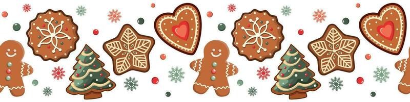 Christmas gingerbread cookies seamless horizontal border. Christmas holiday bakery. Vector winter season pattern. Cute Christmas and New Year illustration