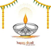 Diwali diya sketch festival of light lamp holiday card background vector