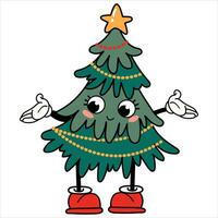 Retro Christmas tree kawaii. Cute Christmas tree with a face, arms and legs. vector